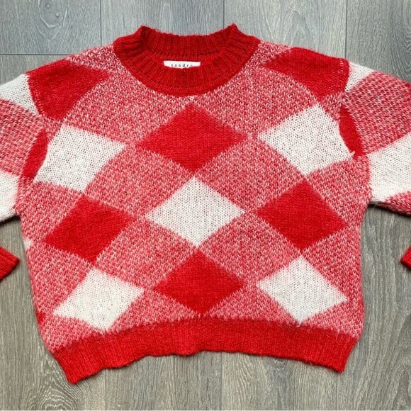 Sandro Sparks Diamond Sweater Red Plaid Mohair Size Small crew neck fluffy - Picture 6 of 11